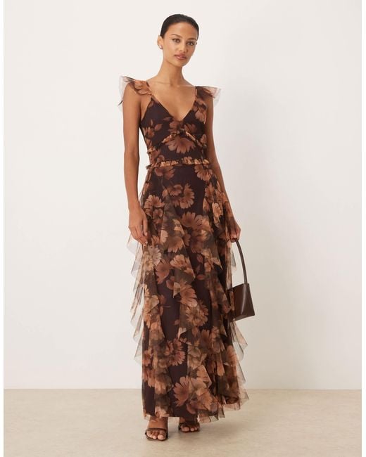 LACE & BEADS Women's Brown Tulle Ruffle Maxi Dress - www.rajagirimanappuram.com LACE & BEADS Women's Brown Tulle Ruffle Maxi Dress - www.rajagirimanappuram.com