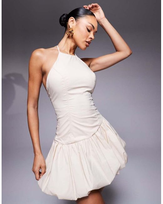 Wanderdoll Natural Sunday Poplin Halterneck Asymmetric Bubble Hem Mini Dress