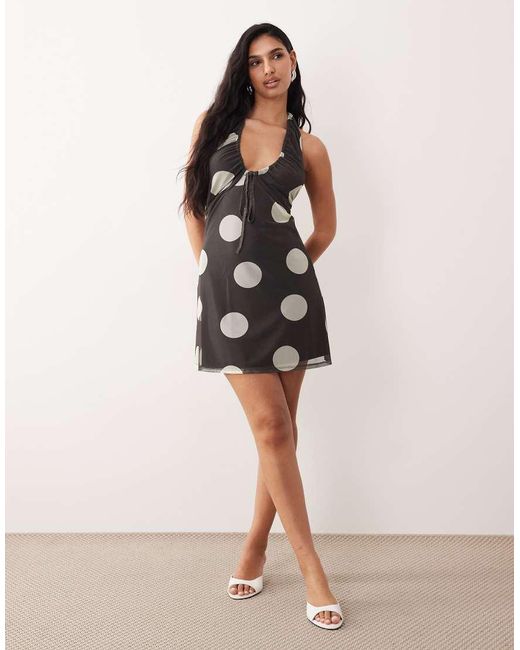 ASOS Natural Printed Mesh Ruched Halter Neck Mini Dress