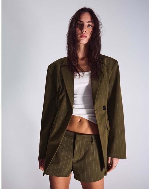 Bershka Brown Striped Double-breasted Blazer