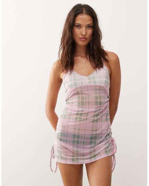 Collusion Purple Check Print Mesh Cami Dress