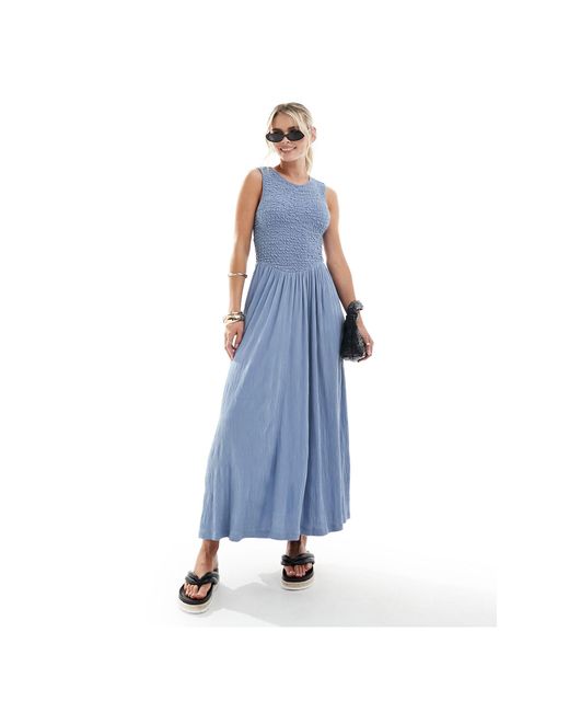 ASOS Blue Asos Design Petite Crinkle Shirred Bodice Maxi Dress With Open Back