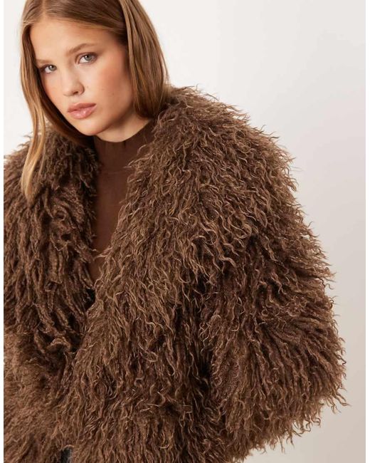 Brave Soul Brown Longline Mongolian Faux Fur Jacket