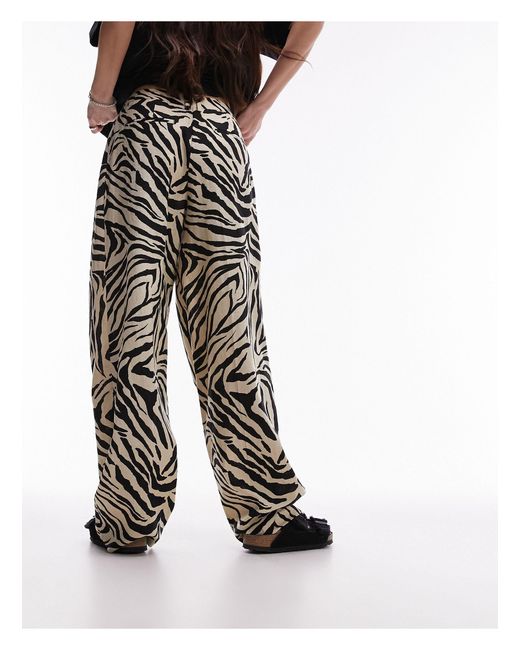 TOPSHOP Black Zebra Printed Wide Leg Linen Trouser