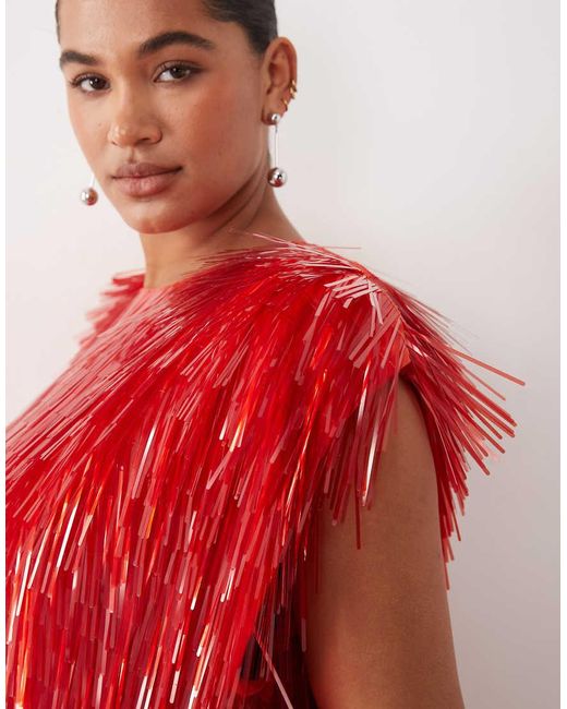 ARRANGE Red Curve All Over Shard Sequin Strong Shoulder Maxi Dress