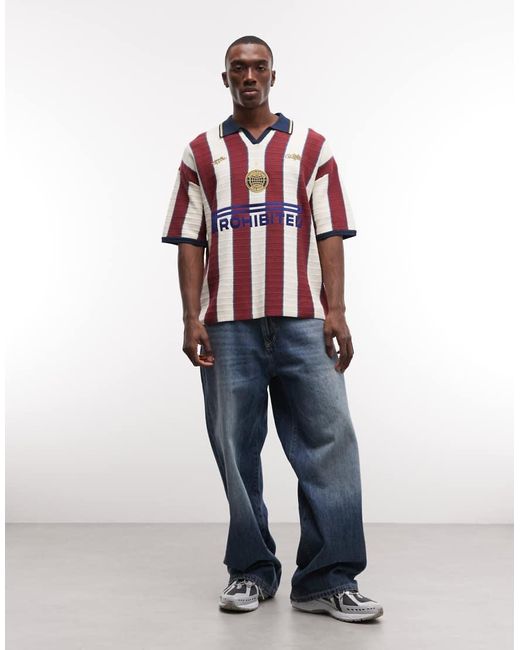 Prohibited Red Knitted Stripe Football Shirt for men