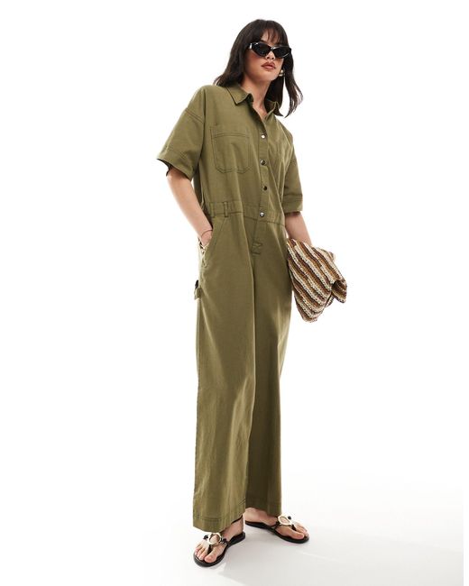 ASOS Green Linen Look Boilersuit With Contrast Stitch