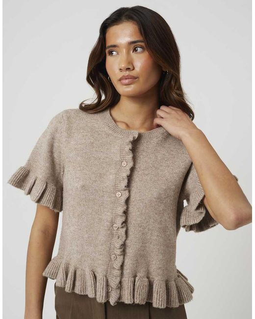 Brave Soul Natural Short Sleeve Cardigan With Frill Hem