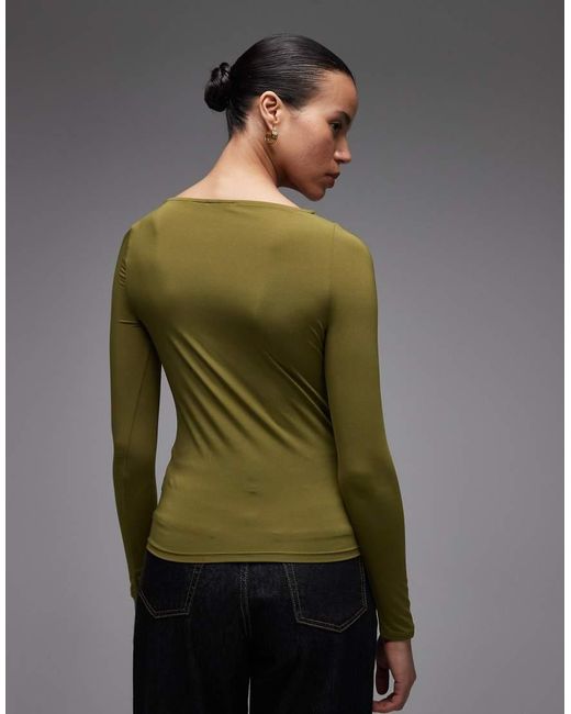 ASOS Green Slinky Slash Neck Long Sleeve Top