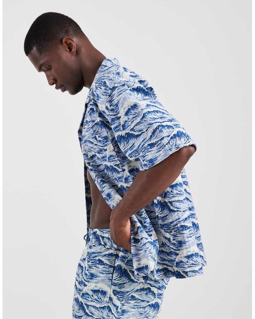 Gant Blue Revere Collar Wave Print Co-ord Shirt for men