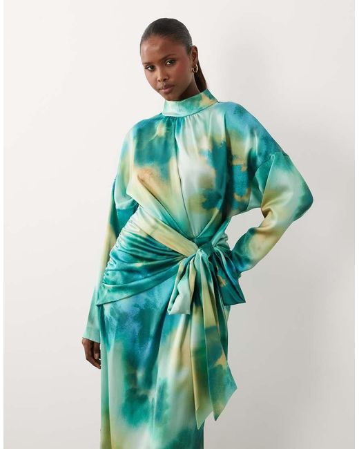 DASKA Satin High Neck Long Sleeve Knot Detail Maxi Dress Green Blur Print