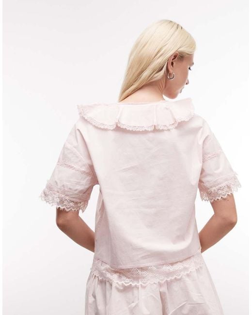 Daisy Street Pink Boxy Blouse With Tie Collar And Lace Edging