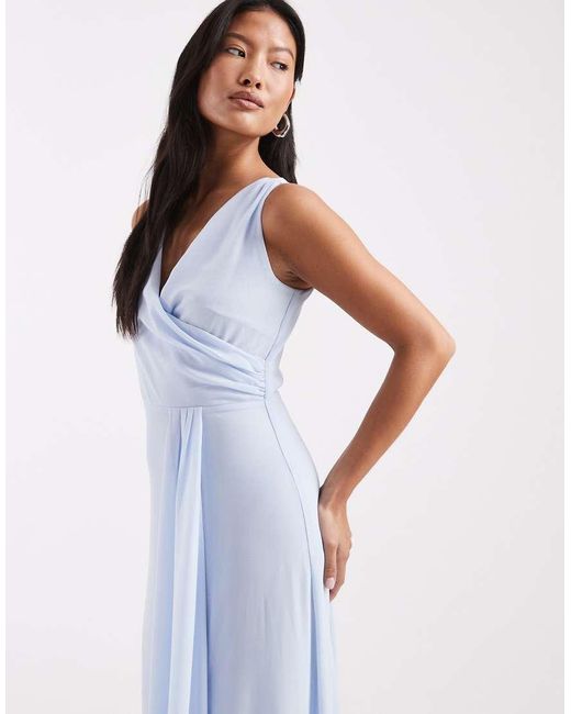 TFNC London Blue Bridesmaid Chiffon Wrap Top Draped Maxi Dress