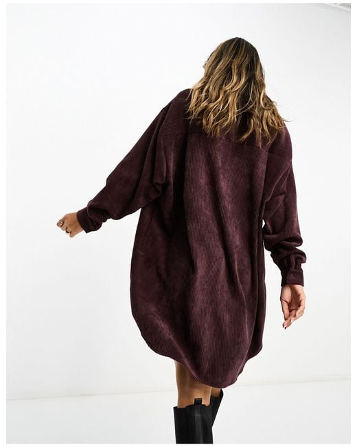 ASOS Purple Oversized Slouchy Cord Mini Shirt Dress With Pocket Detail