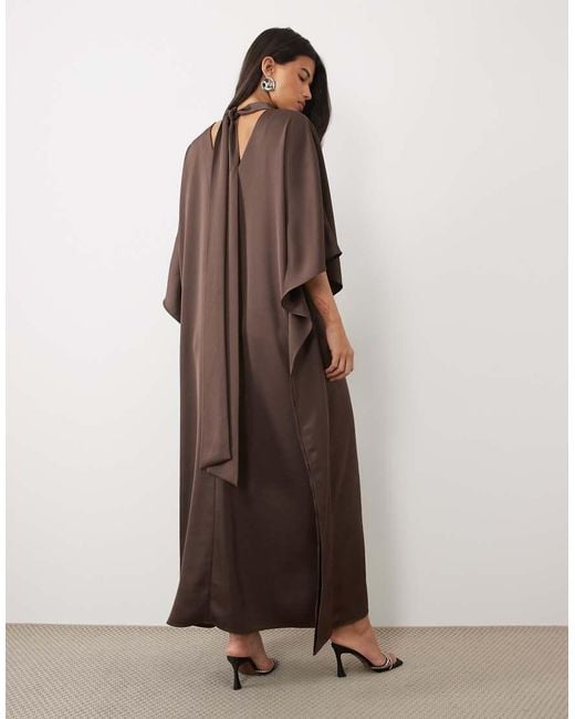 Pretty Lavish Brown Satin Choker Detail Kimono Sleeve Full Maxi Dress