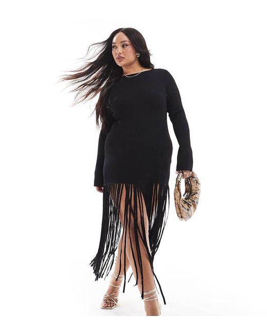 Renee Studio Black Plus X Michelle Nayla Exclusive Ribbed Fringe Tassel Hem Knitted Mini Dress