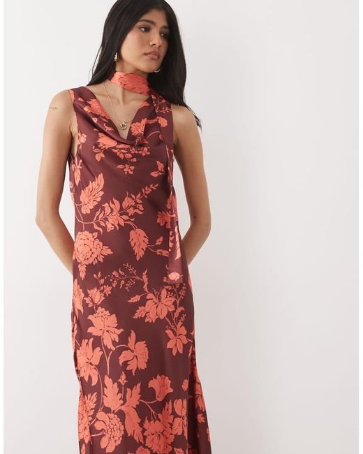 Hope & Ivy Red Satin Cowl Neck Scarf Maxi Dress
