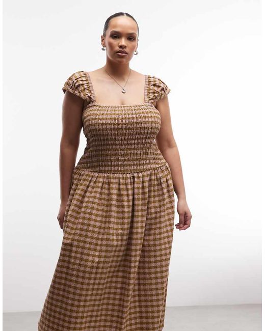 Collusion Brown Plus Shirred Cap Sleeve Midi Dress