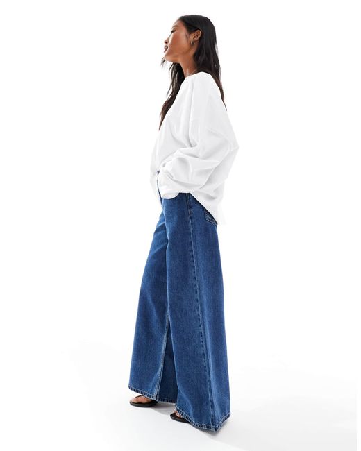 ASOS Blue Asos Design Petite High Waist Wide Leg Jeans