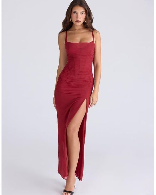 House Of Cb Red Lini Deep Stretch Mesh Corset Maxi Dress