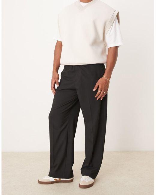 ASOS Natural Pull On Wide Leg Ankle Grazer Suit Trousers for men