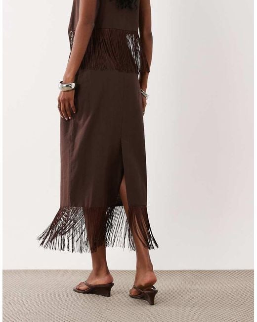 ASOS Brown Linen Look Fringe Pencil Skirt