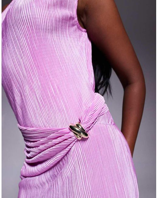 ASOS Purple Twist Fallen Shoulder With Ruching Drape Detail Plisse Maxi Dress