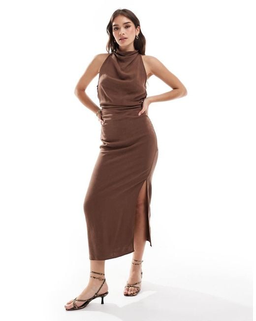 ASOS Brown High Neck Cross Back Column Midi Dress