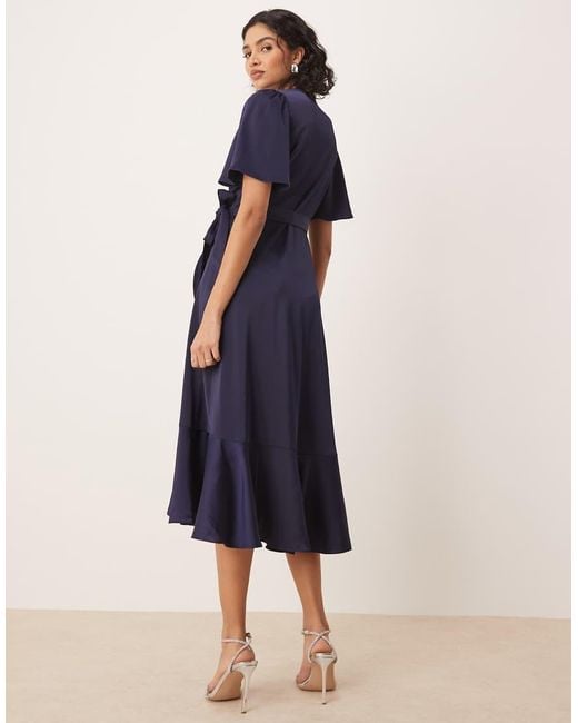 Y.A.S Blue Satin Midi Wrap Dress