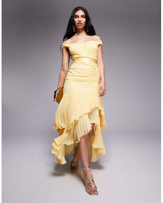 Goddiva Metallic Pleated Bardot High Low Tier Chiffon Midaxi Dress