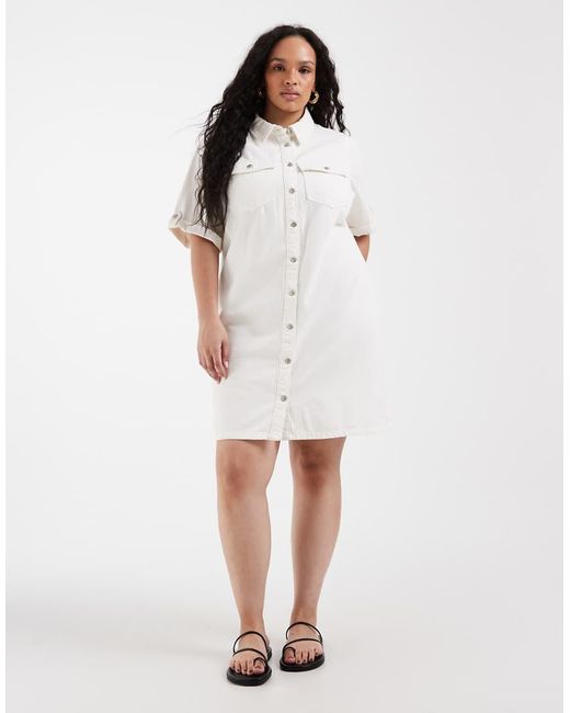Vero Moda White Short Sleeve Button Front Denim Mini Dress