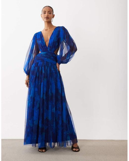 LACE & BEADS Blue Tulle Plunge Drop Hem Open Back Maxi Dress