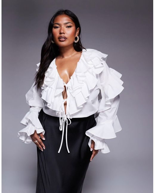 ASOS White Curve Cotton Poplin exaggerated Ruffle Blouse