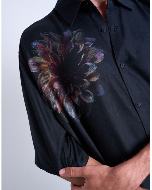 Topman Blue Relaxed Fit Short Sleeve Twill Shirt With Placement Floral Print for men