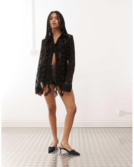 Amy Lynn Black Frill Detail Lace Shirt