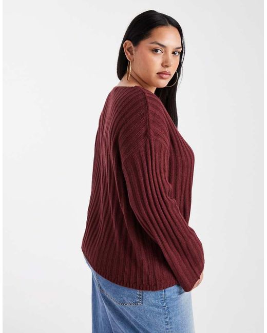 Brave Soul Red Plus Deep V-neck Ribbed Jumper