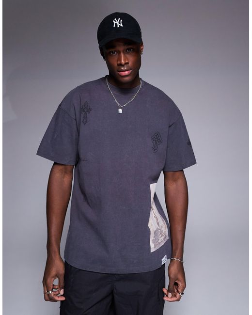 Liquor N Poker Blue Oversized T-shirt With Cross Placement Print for men