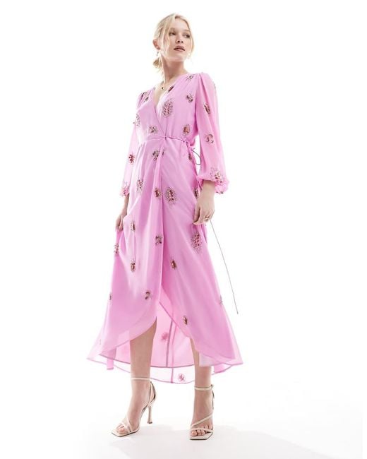 Hope & Ivy Pink Embellished Wrap Dress With Tie Waist And Blouson Sleeve