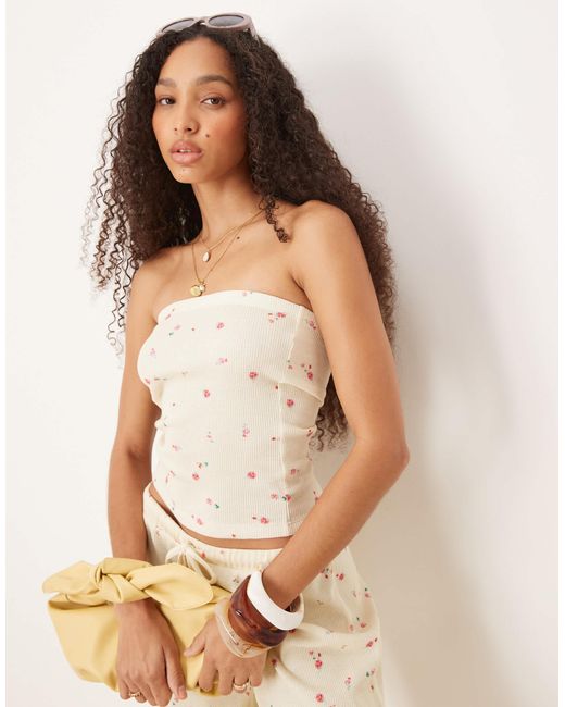 ASOS White – trägerloses longline-oberteil mit waffelstruktur und kleinem zitronenmuster, kombiteil