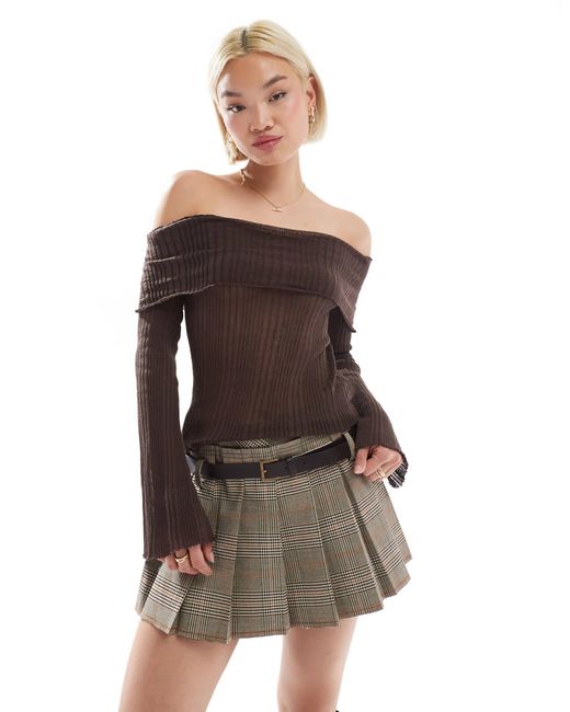 Stradivarius Brown Str Light Knit Off Shoulder Top