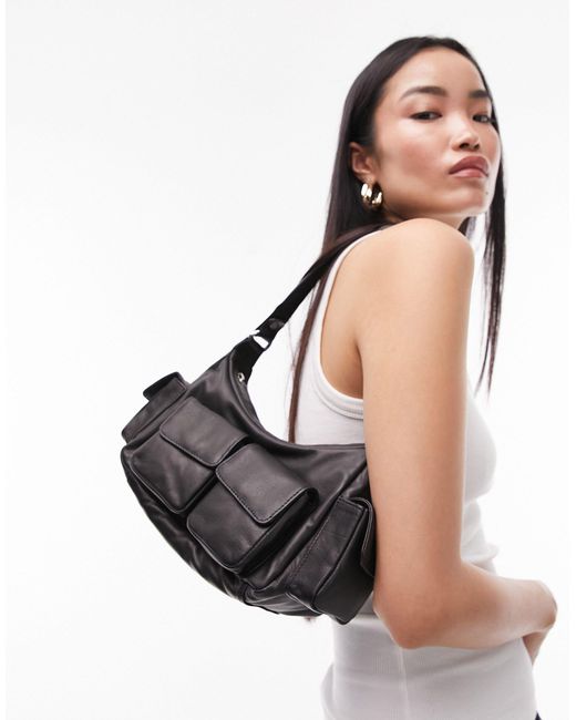 TOPSHOP Black Lucia Leather Multi Pocket Shoulder Bag