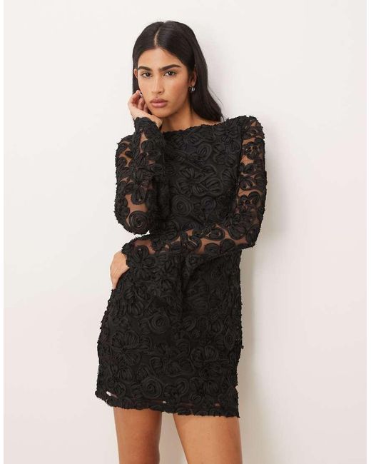 Gina Tricot Black Long Sleeve Embroidery Mini Dress With Open Back