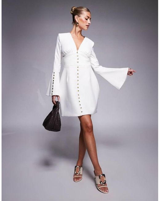 Lavish Alice Purple Fluted Sleeve Rose Button Mini Dress