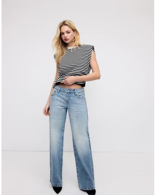 Stradivarius Blue Basic Striped Padded Shoulder T-Shirt