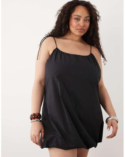 ASOS Black Asos Design Curve Poplin Puff Mini Sundress With Tie Straps