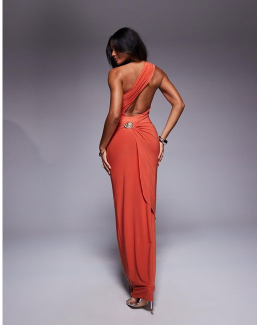 Fashionkilla Red Double Sculpted Slinky One Shoulder Open Back Metal Shell Detail Maxi Dress