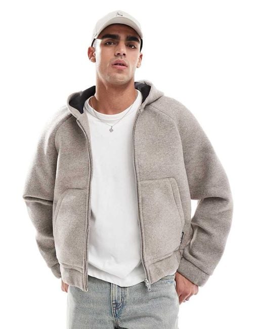Jack & Jones Gray Hooded Faux Wool Bomber Jacket for men
