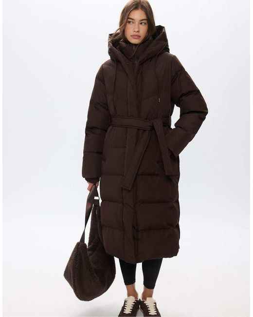 Stradivarius Brown Long Puffer Down Coat With Belt