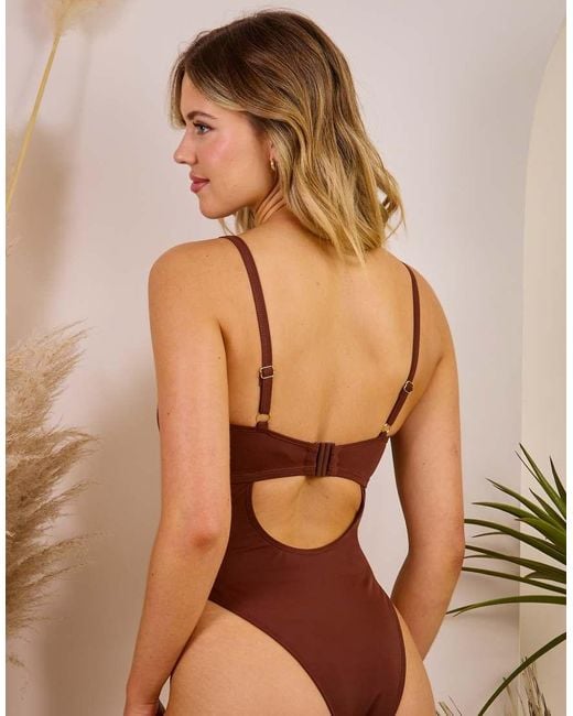 Wolf & Whistle Brown X Maia Andrews Cut Out Ring Front Swimsuit