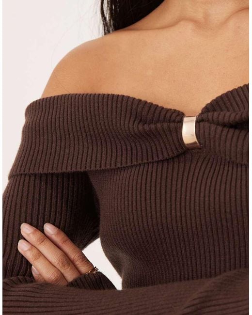 Abercrombie & Fitch Brown Knitted Off Shoulder Mini Dress With Hardware Detail